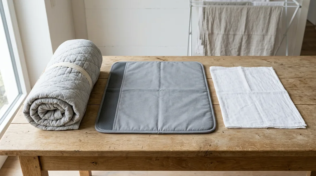 Gerollte Bügeldecke, flach liegende Bügelmatte und ein dünnes Bügeltuch nebeneinander auf einem Tisch