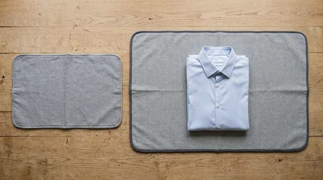 Zwei Bügelunterlagen nebeneinander auf einem Tisch, eine im Standardmaß und eine im XL-Format